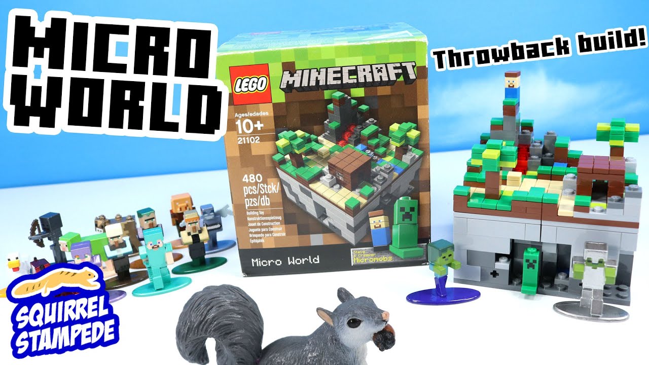 собранные наборы lego minecraft micro world 21102 21105 21106 21107 вместе на столе