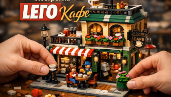 Detailed LEGO cafe MOC, hands building final touches, intricate design, close-up, vibrant.
