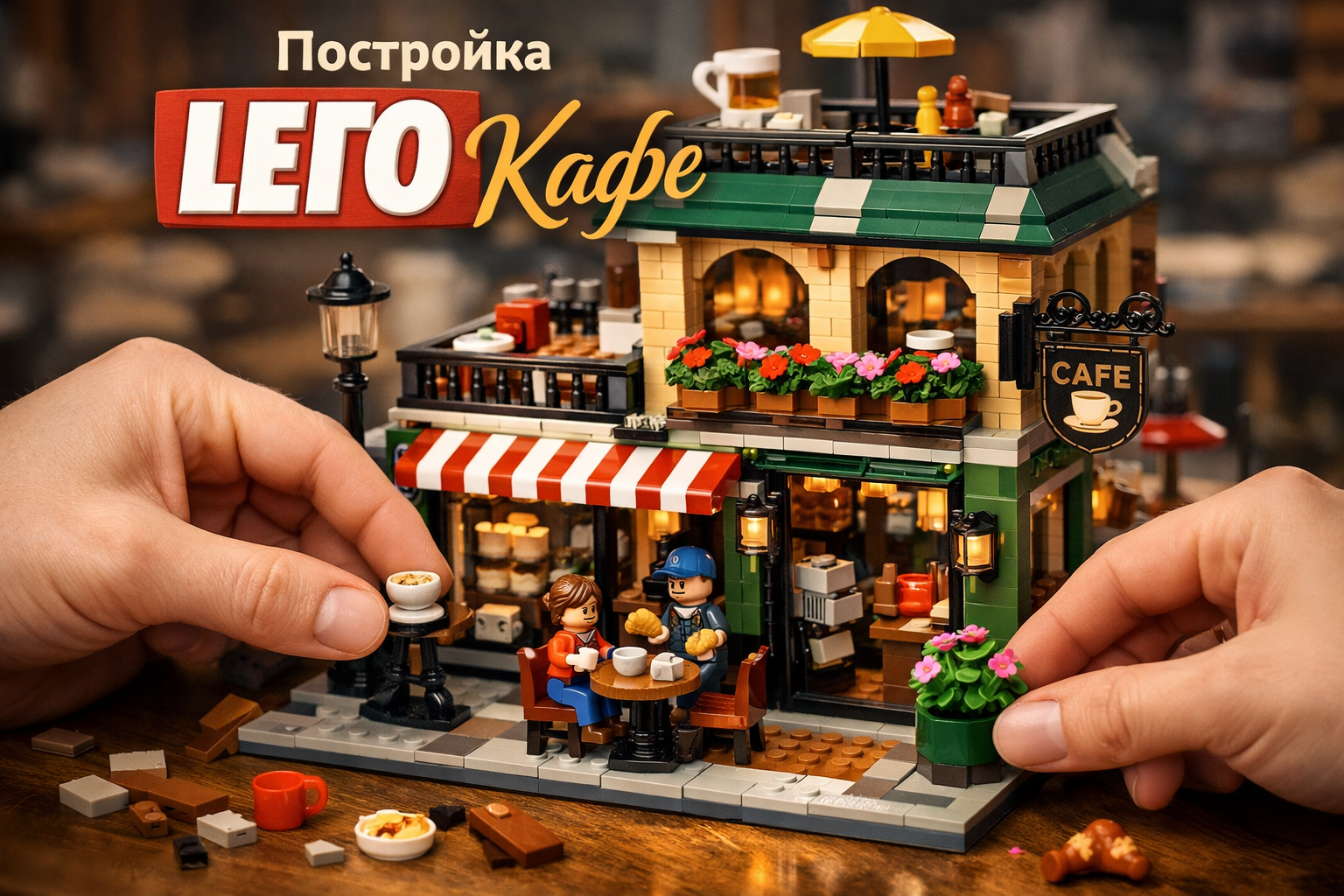 Detailed LEGO cafe MOC, hands building final touches, intricate design, close-up, vibrant.