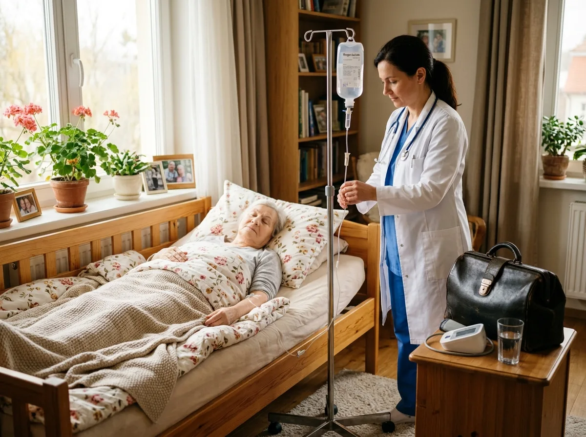 врач в белом халате, медицинская сумка, капельница у кровати, спокойная домашняя обстановка